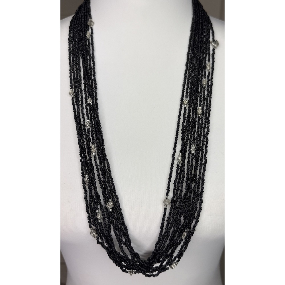 Vtg Boho Black Glass Seed Bead Multi Strand Necklace Silver Tone Spacer Beads 33